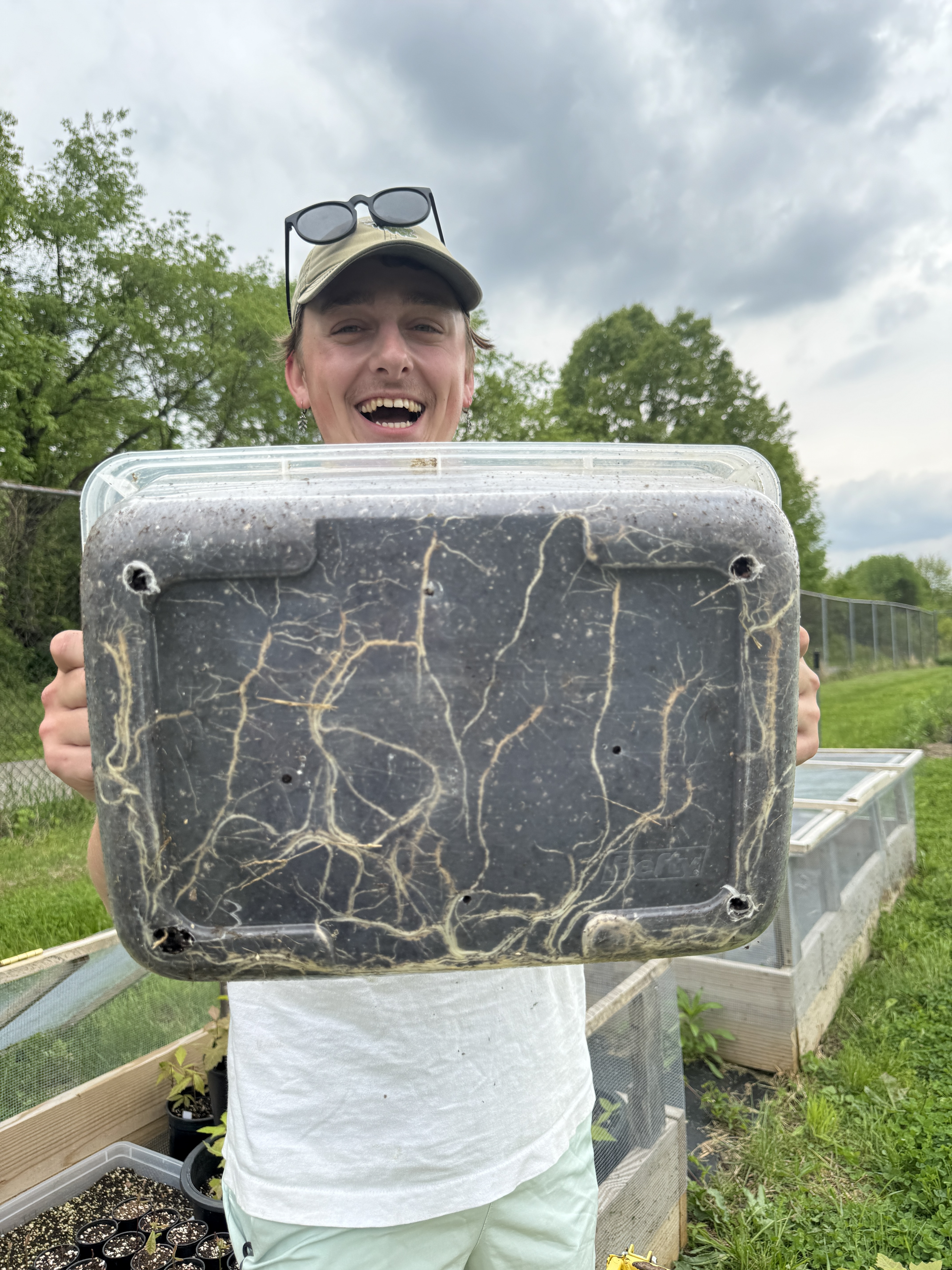 Ethan holding a plastic container with lots of roots growing towards the base